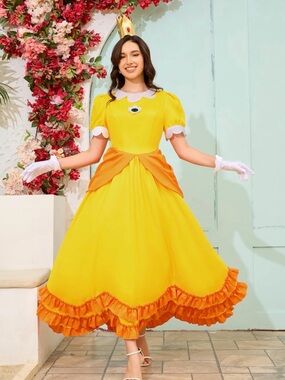 Nintendo Princess Daisy Costume with crown, gloves and earrings